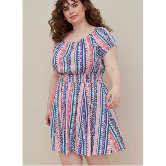 Torrid Mini Lenny Smocked Off Shoulder Dress Size 2 2x 18-20 Floral Stripe - Picture 1 of 15
